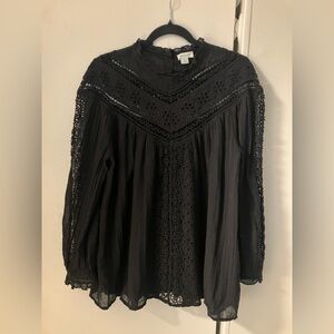 Sundance Black Cotton Peasant Blouse Embroidered Long Sleeve Sz M Beautiful